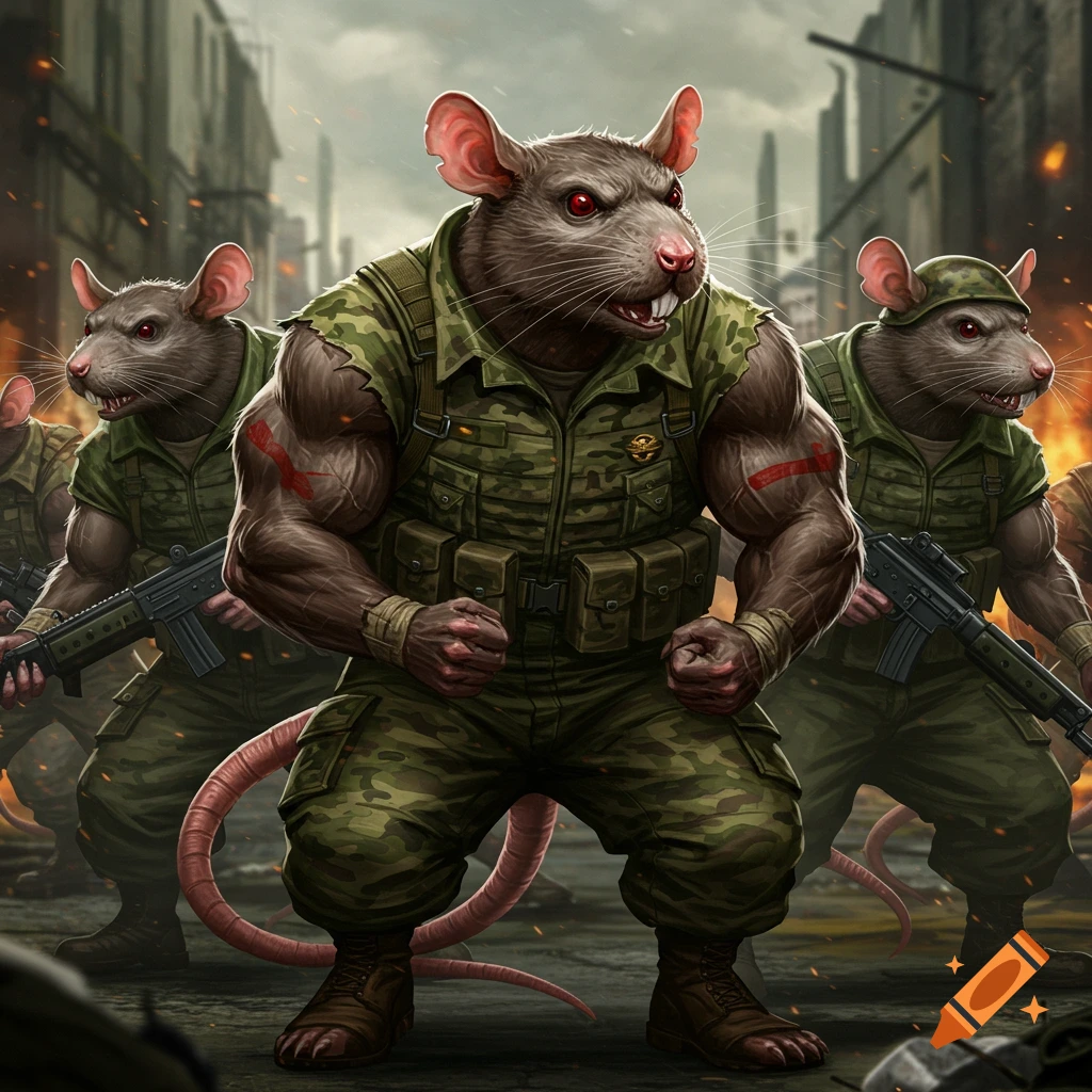 Buff anthropomorphic rats in military uniforms stand in a destroyed city street.