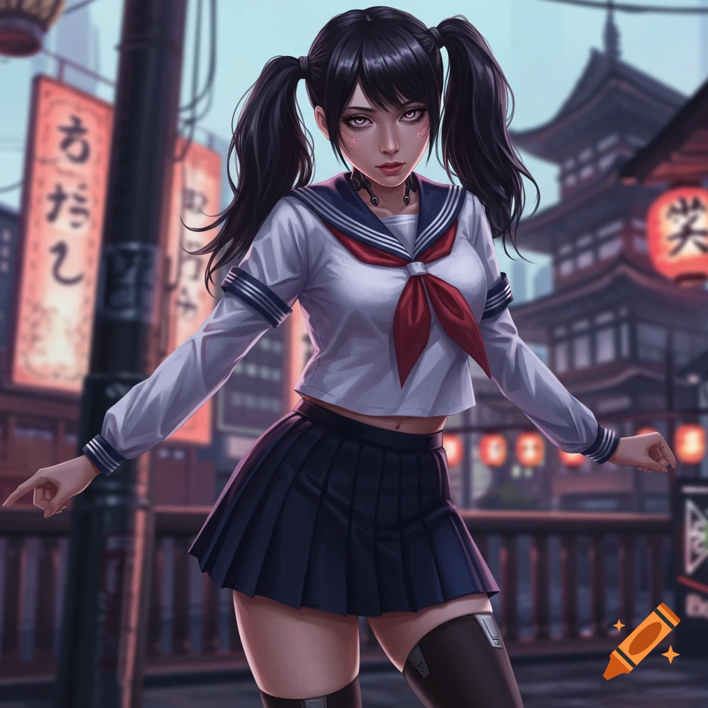 Anime schoolgirl standing in a city street