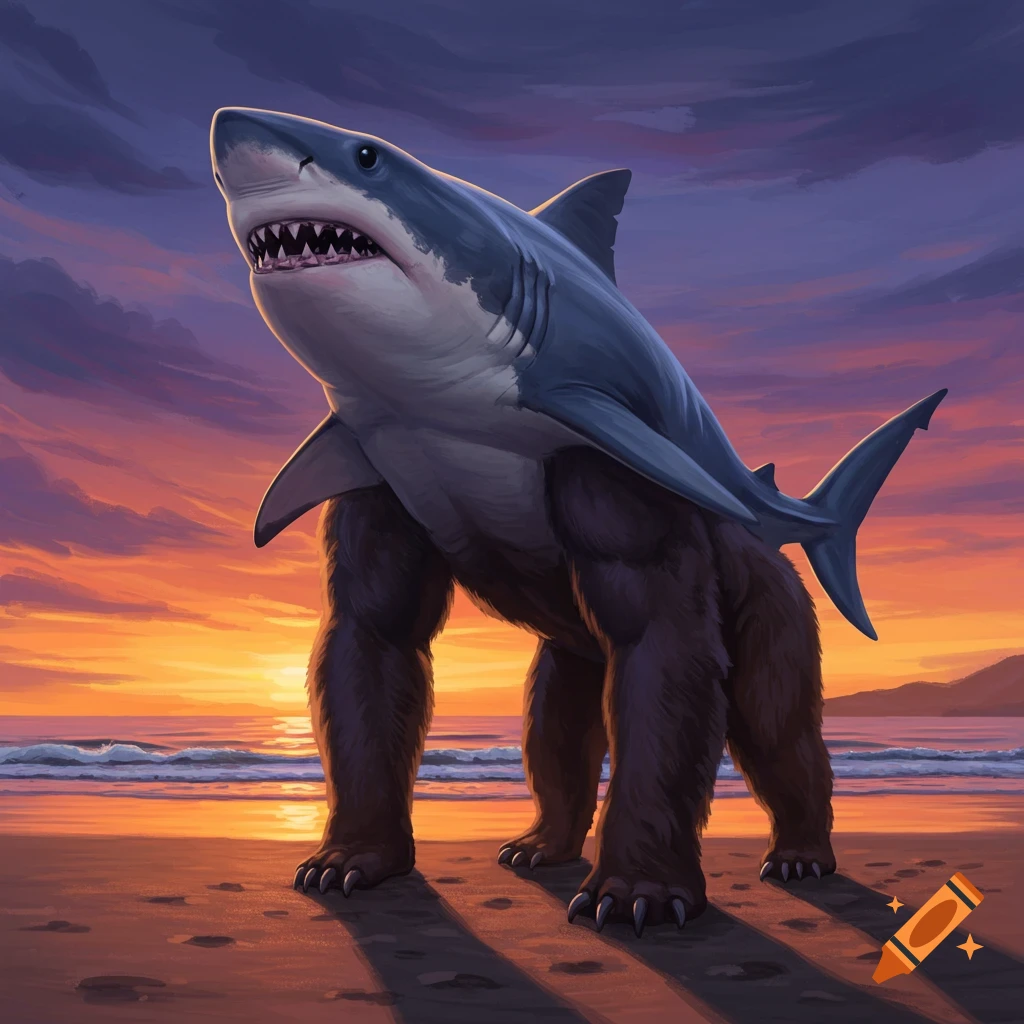A creature with a shark head and bear body standing on a beach at sunset.