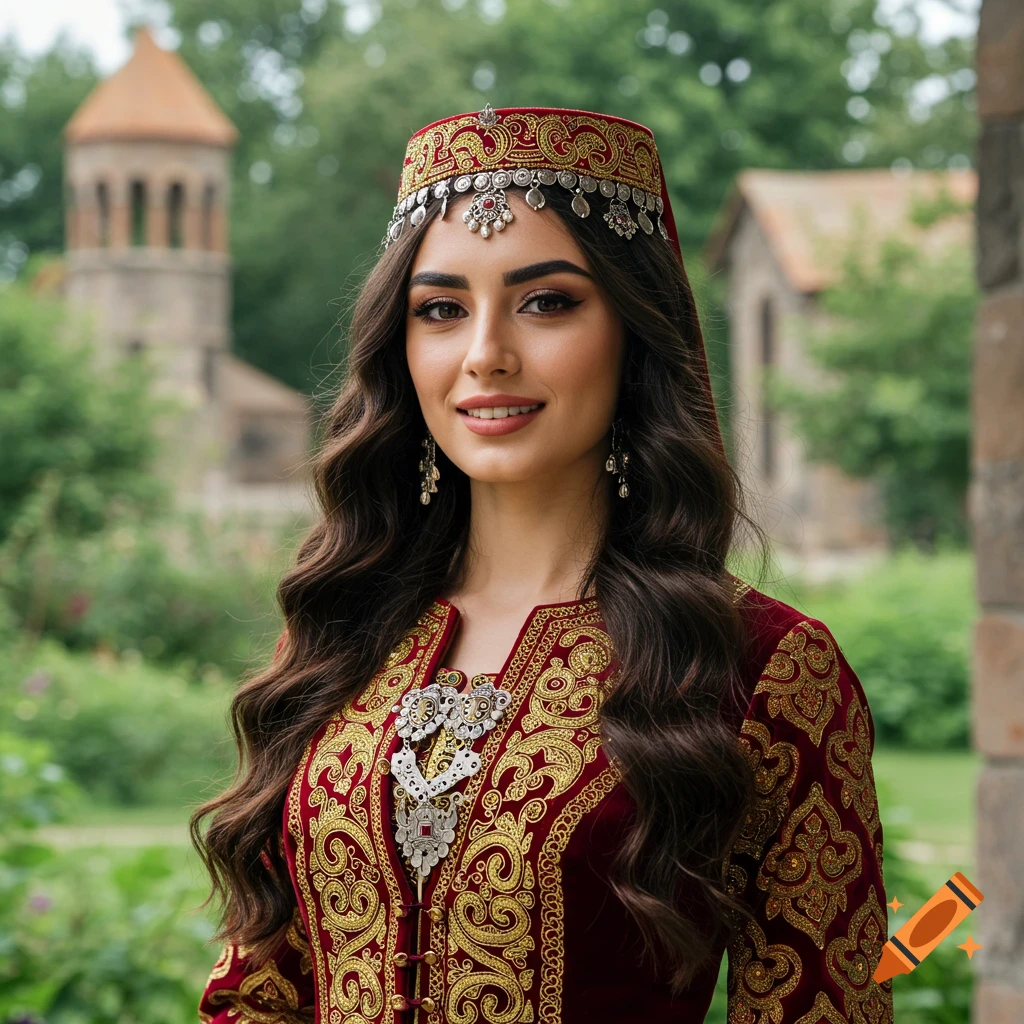 A young woman smiles, wearing a red and gold traditional Armenian dress and headpiece outdoors.