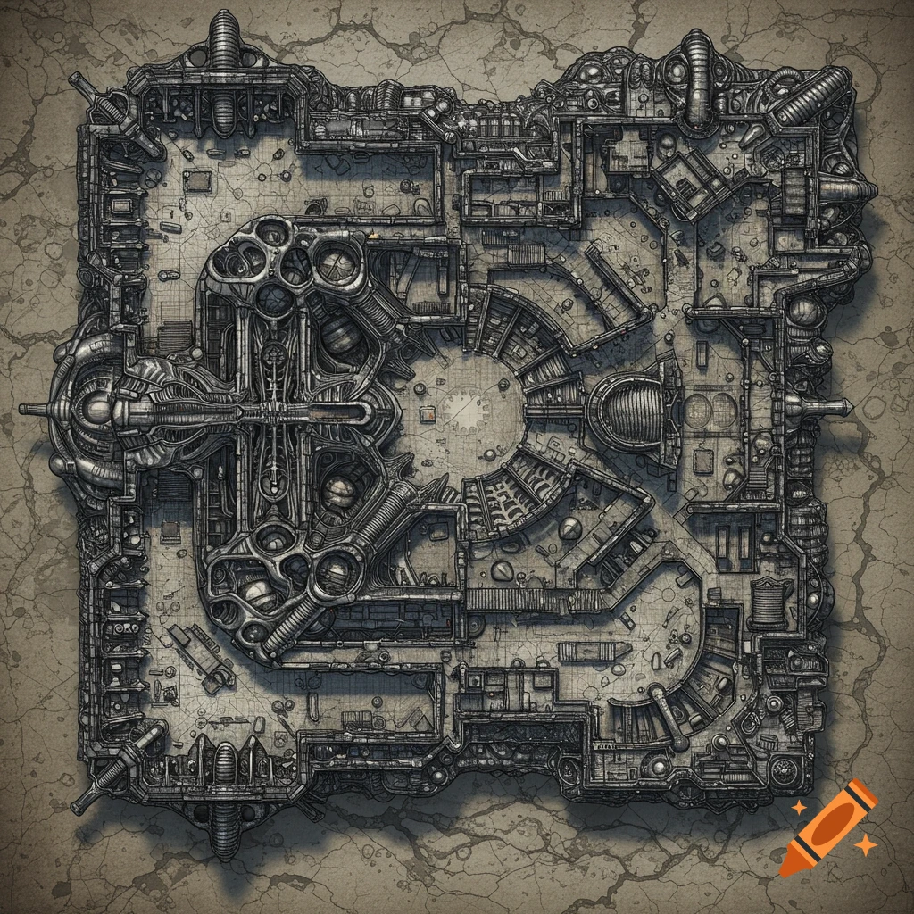 Top-down map of a sci-fi industrial structure in H.R. Giger style
