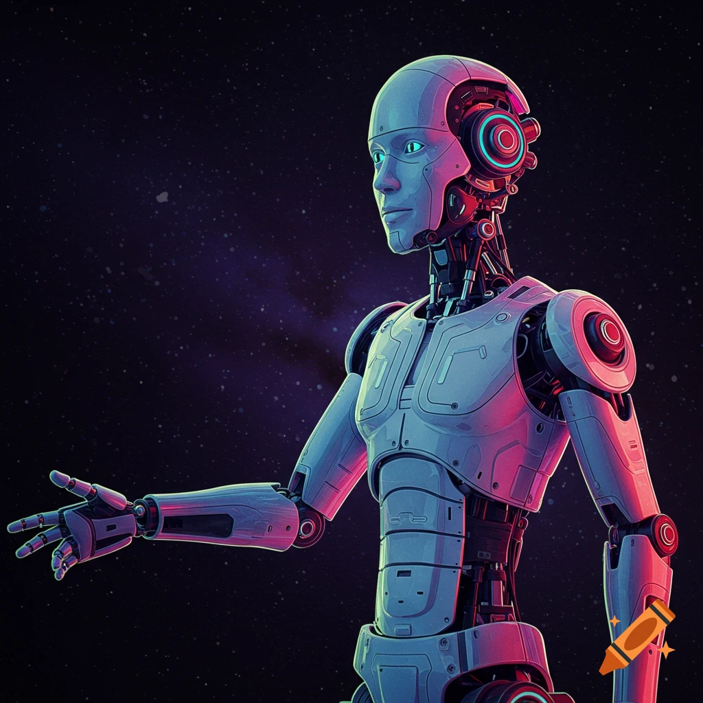 An AI robot reaching out in space