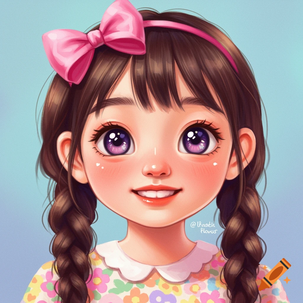 A cute young girl with braids and a pink bow.
