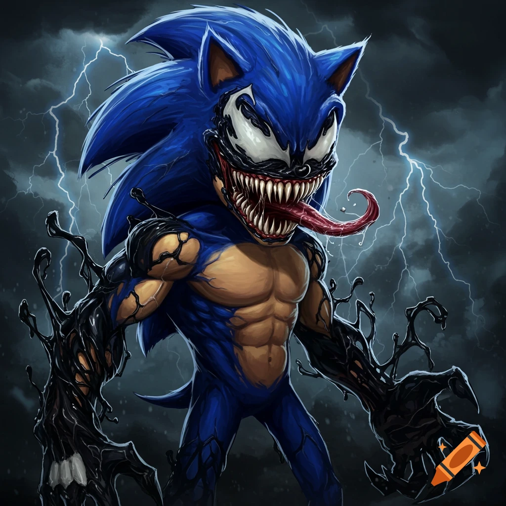 Venomized Sonic the Hedgehog standing in front of a stormy sky with lightning.