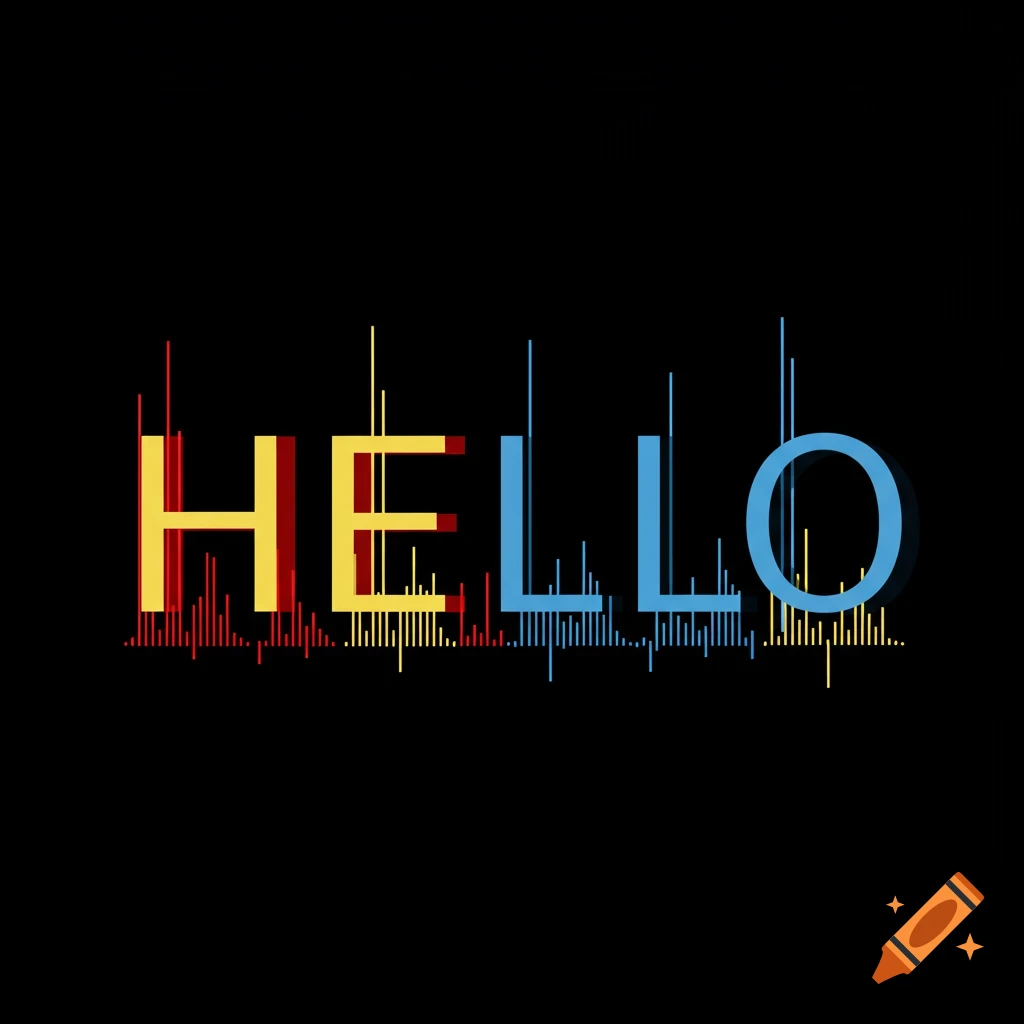 The word HELLO in colorful Bauhaus-style text with waveform lines below on a black background.