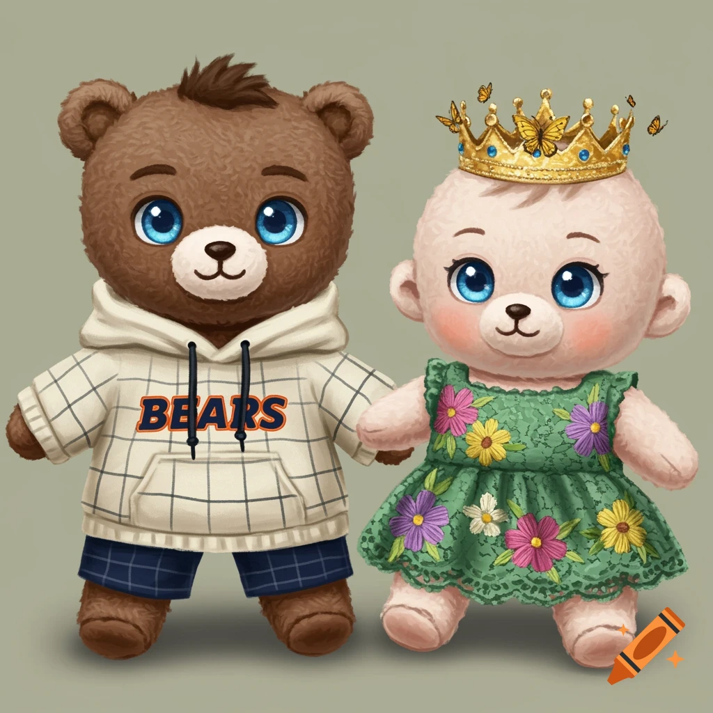 Cartoon of two plush toys, a bear in a hoodie and an infant in a dress and crown.