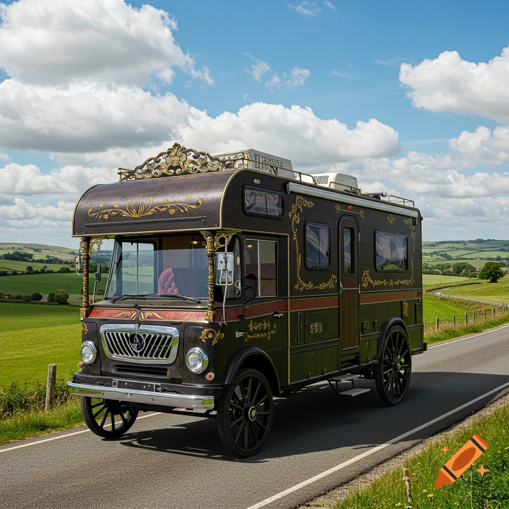 Victorian-style camper van driving on a rural road.