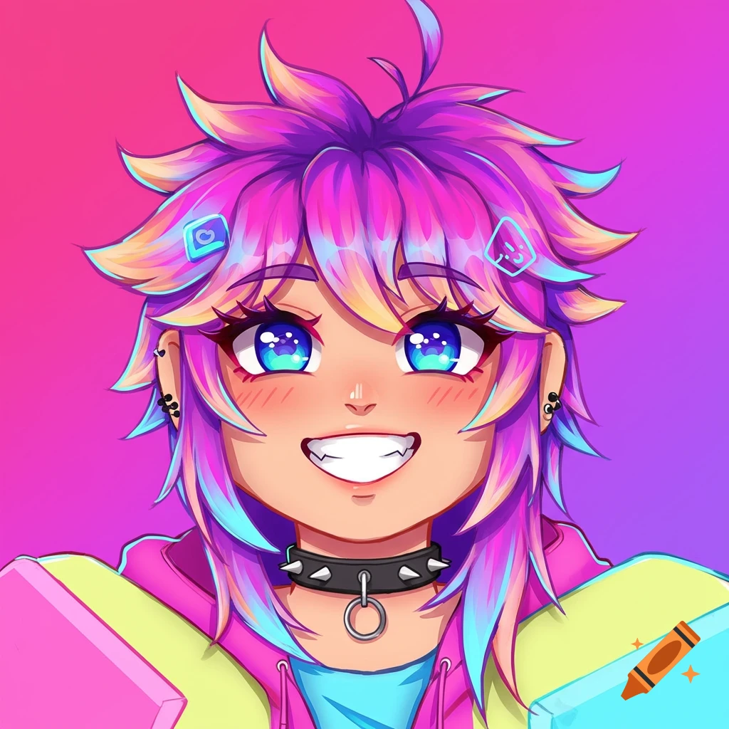 Anime profile picture with spiky rainbow-colored hair and big blue eyes.