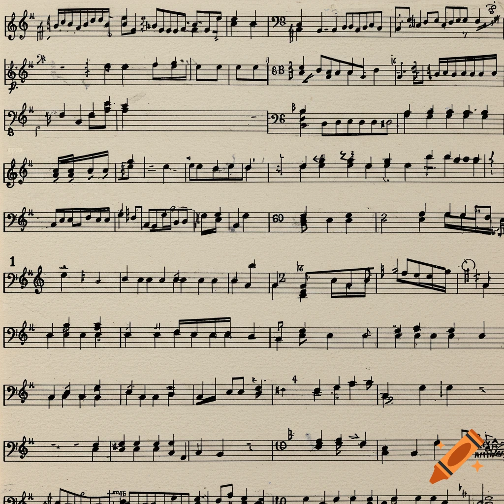 A close-up view of printed musical notation with staff lines, notes, and symbols on a light background.