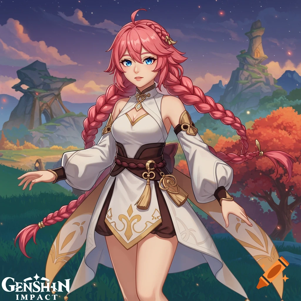 Anime character with pink braided hair in a white dress in a fantasy landscape, Genshin Impact style.