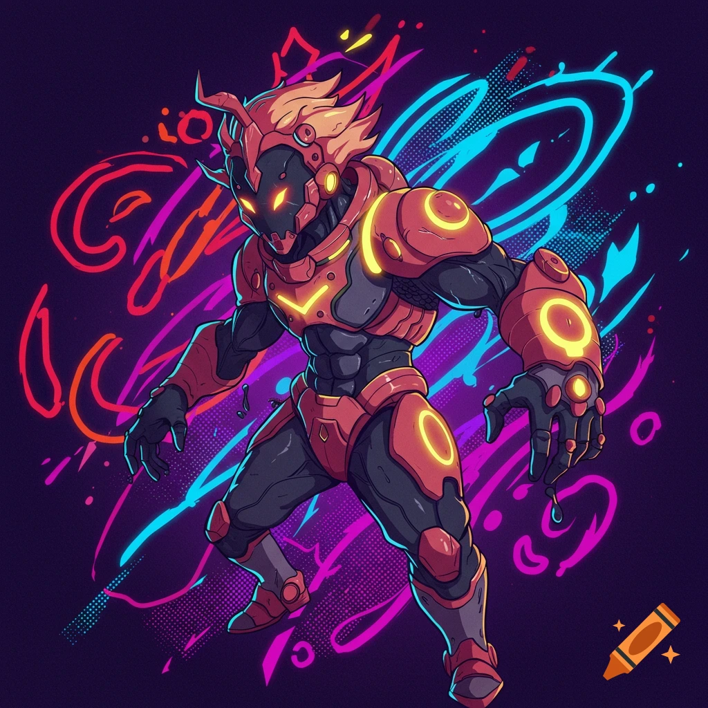 A sci-fi character in red and gray armor with neon accents stands against a dark background with neon abstract shapes, digital art.