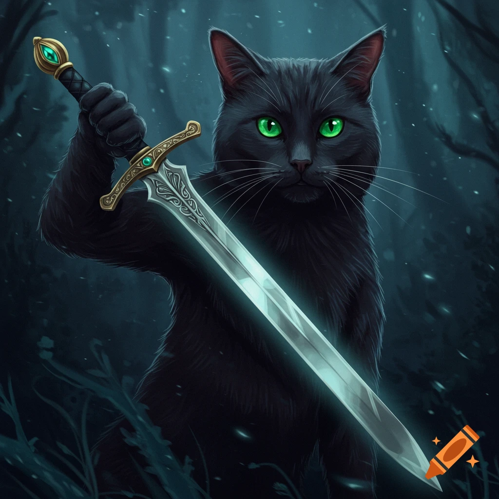 A black cat holding a glowing sword in a dark forest.