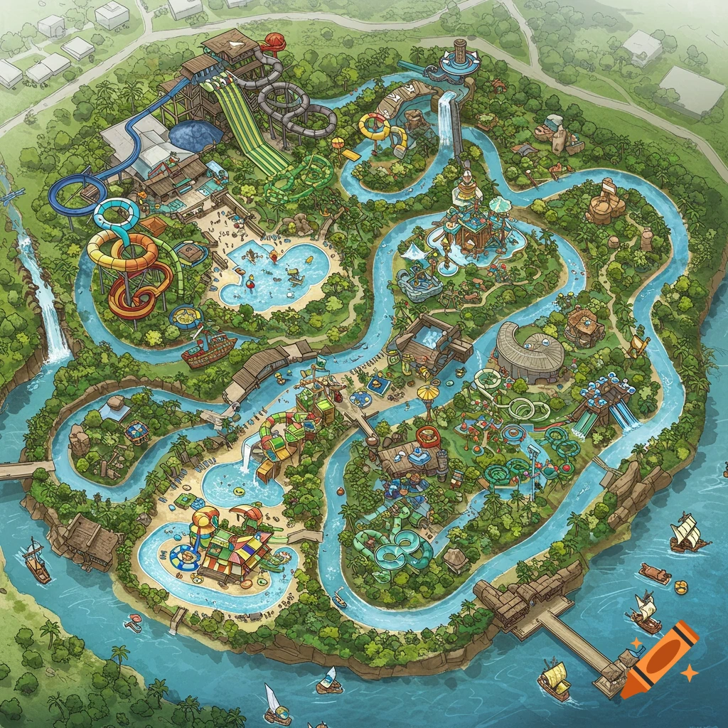 Aerial map illustration of a bustling theme park waterpark with slides, pools, and rivers.