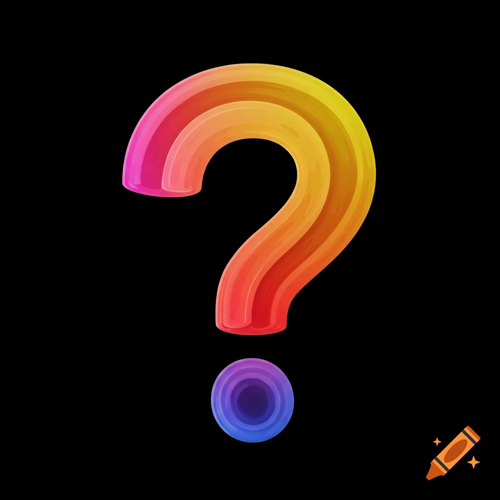 A vibrant, colorful question mark symbol on a black background.