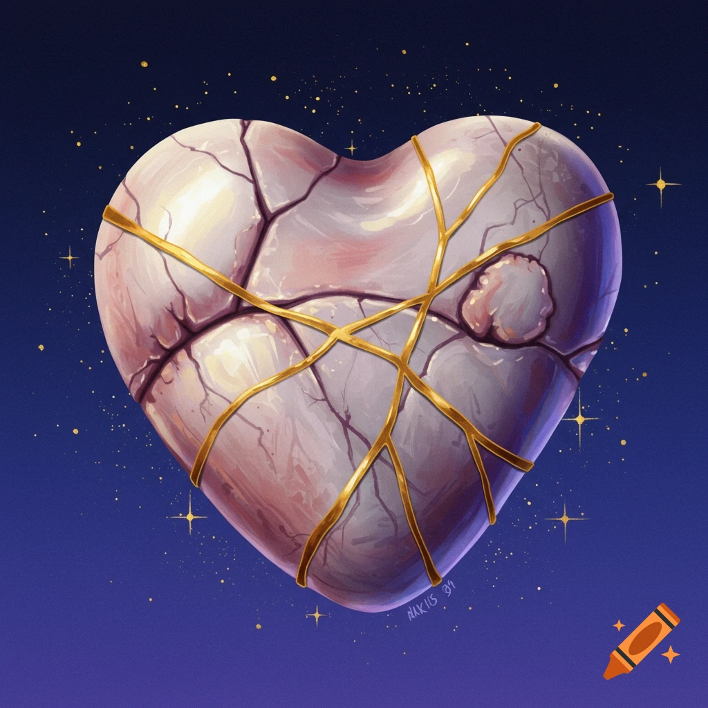 A Kintsugi heart, cracked and repaired with gold, floats in a starry sky.