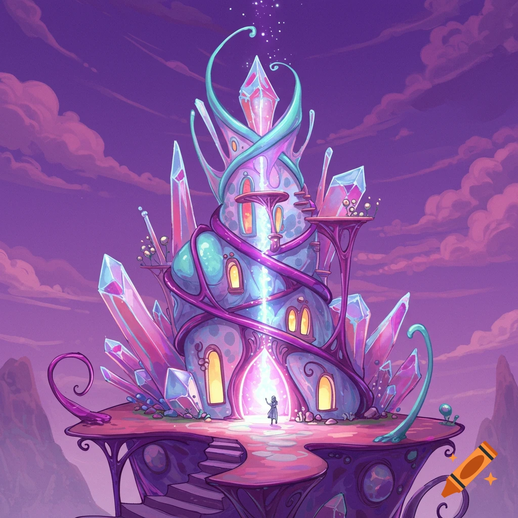 A fantasy crystal castle sits on a floating island with a glowing portal and figure.