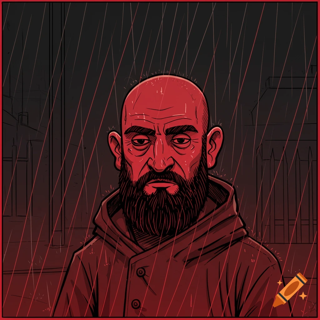 Hand-drawn illustration of a bald, bearded man in the rain, in red and black.