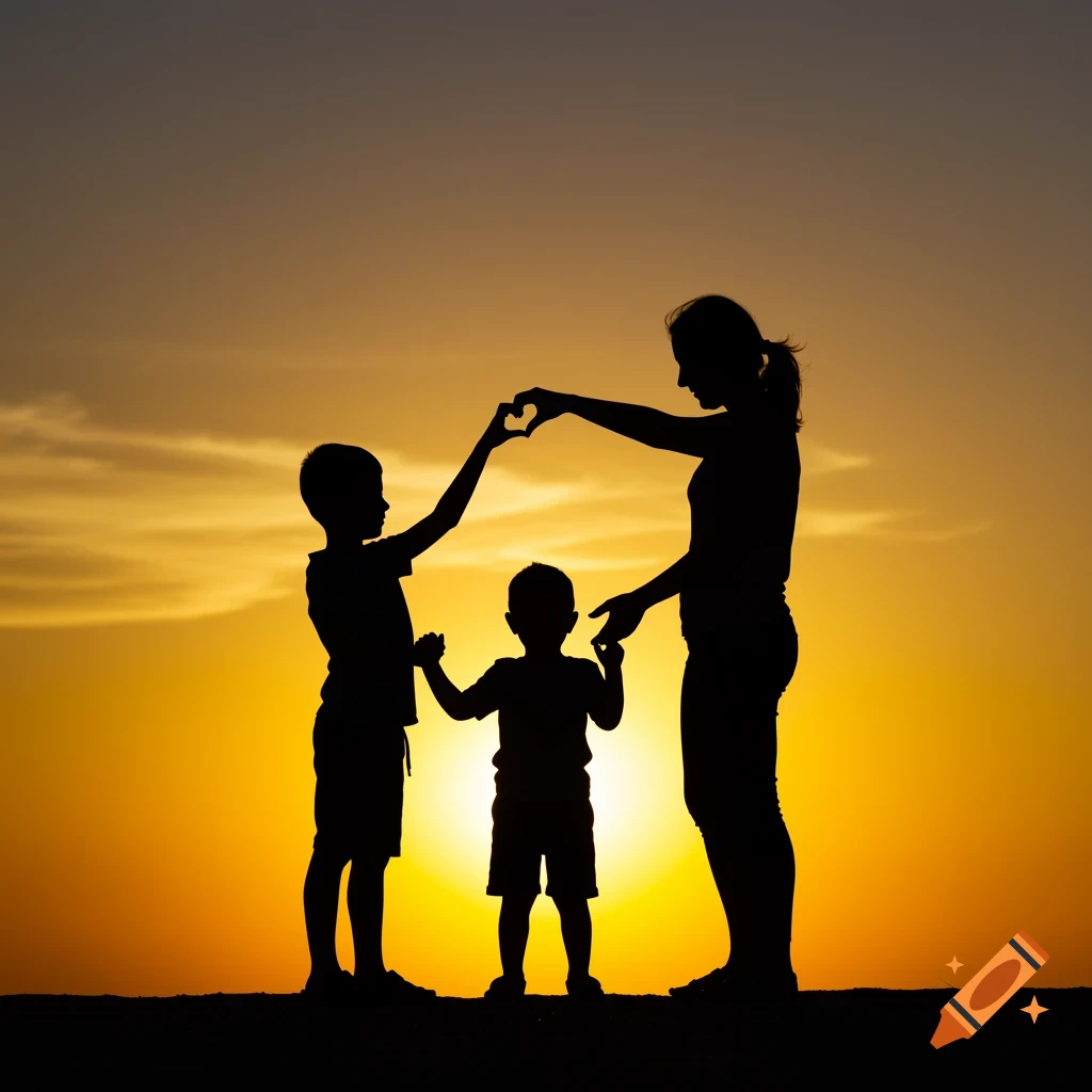 Silhouette of a mother and two sons forming a heart with their hands against a sunset.