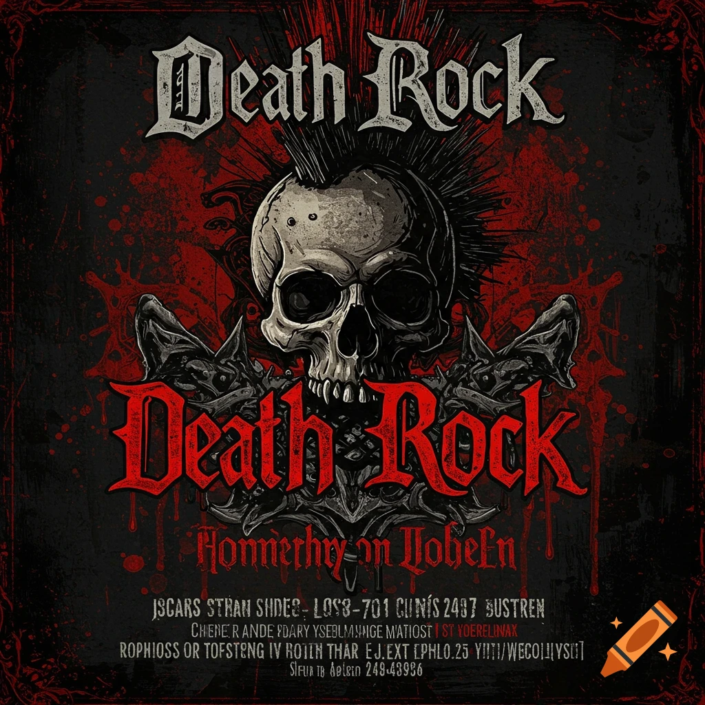 Death Rock music poster with a skull and red blood splatter effect.