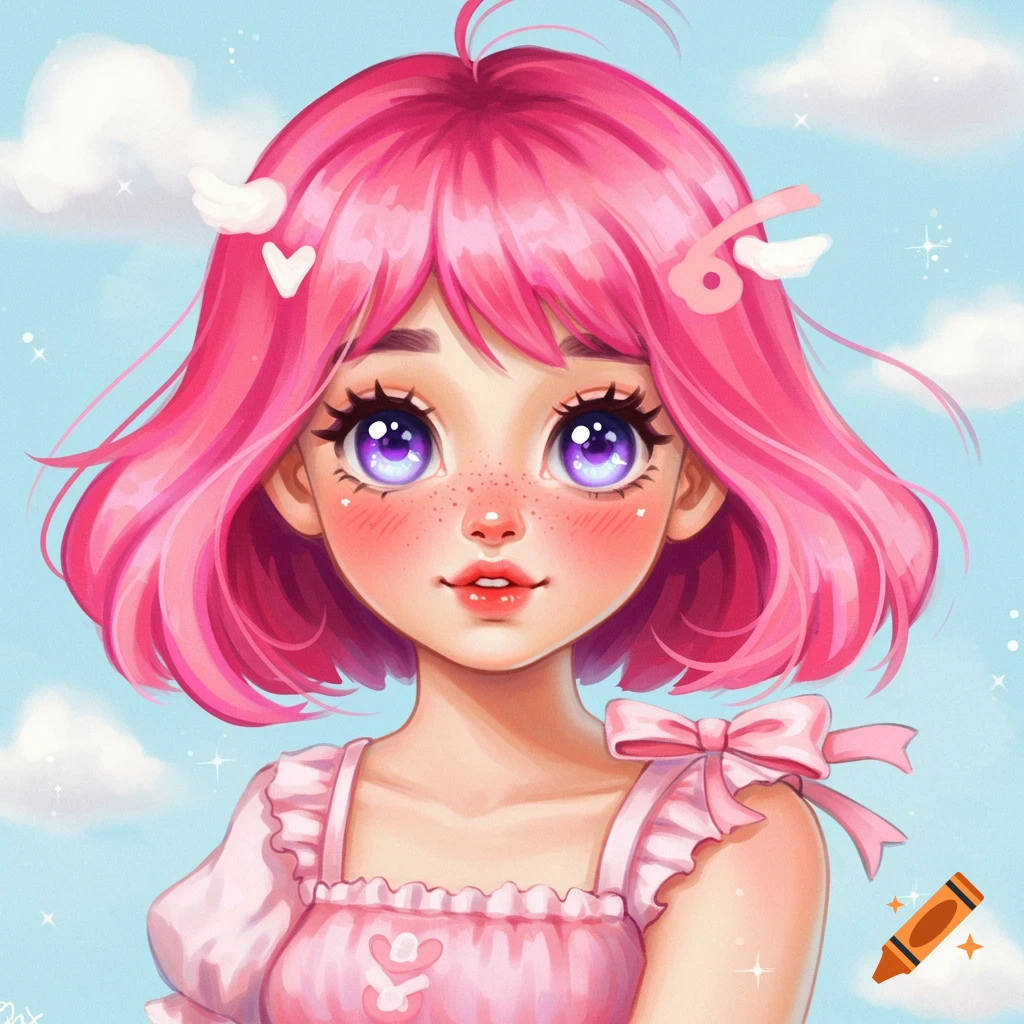 A cute young girl with pink hair and large purple eyes wearing a pink dress against a cloudy sky.
