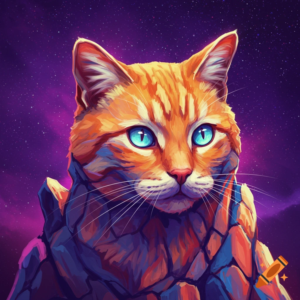 An orange tabby cat made of rock with blue eyes against a starry purple space background.