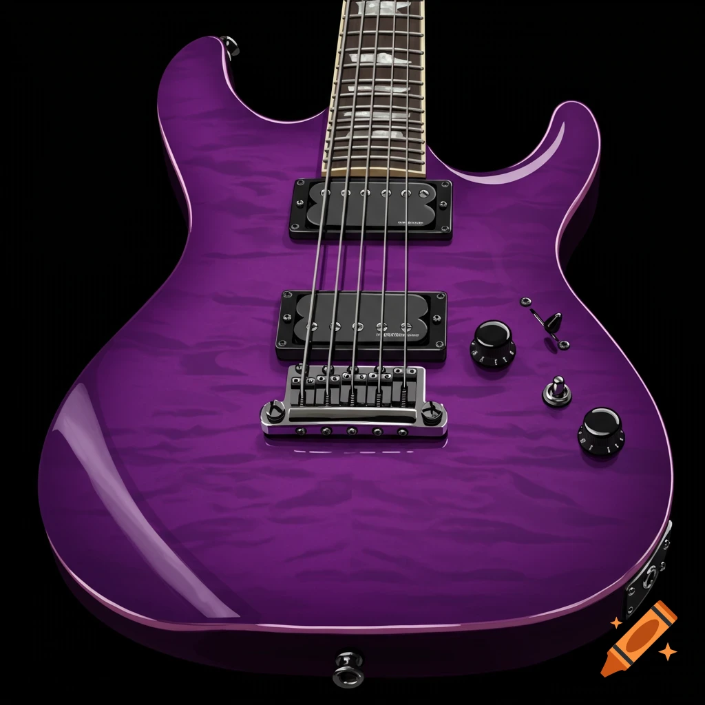 Close-up of a purple quilted electric guitar with black humbucker pickups against black.