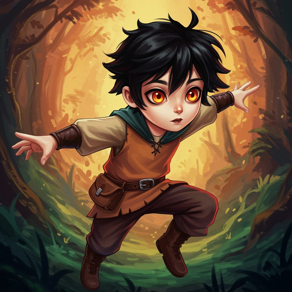 Boy with black hair, light skin, and orange eyes