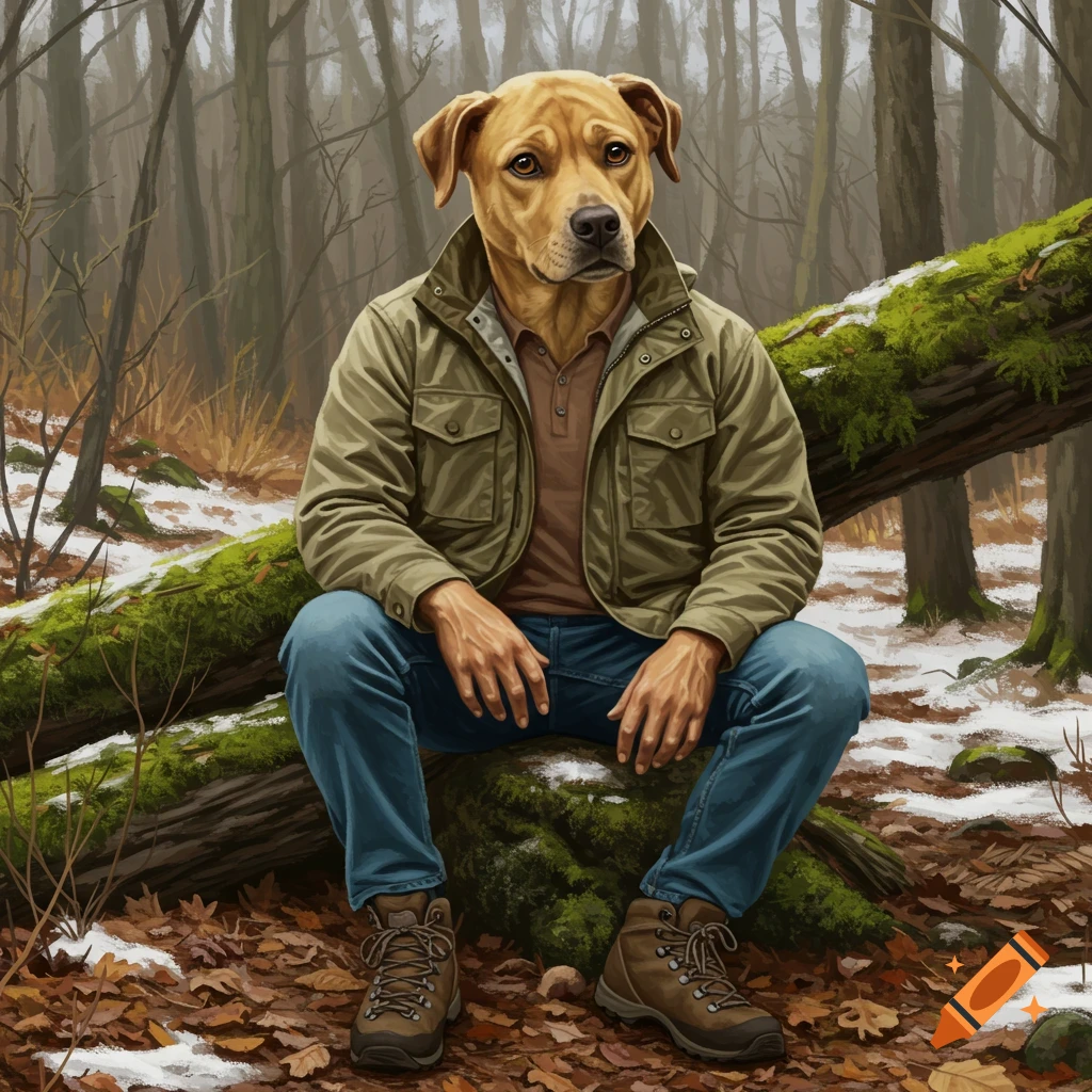 A human-like dog in a jacket and jeans sits on a log in a snowy forest.
