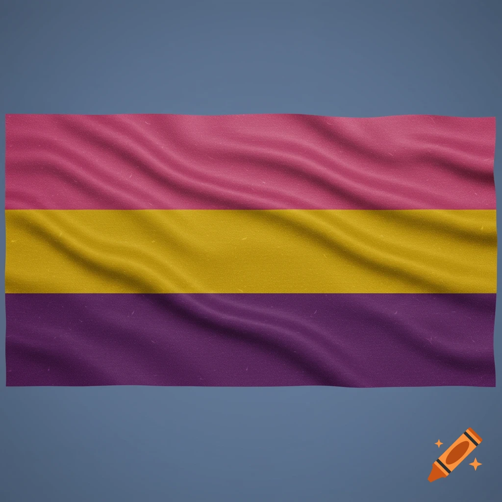 A waving flag with horizontal stripes of pink, gold, and purple.