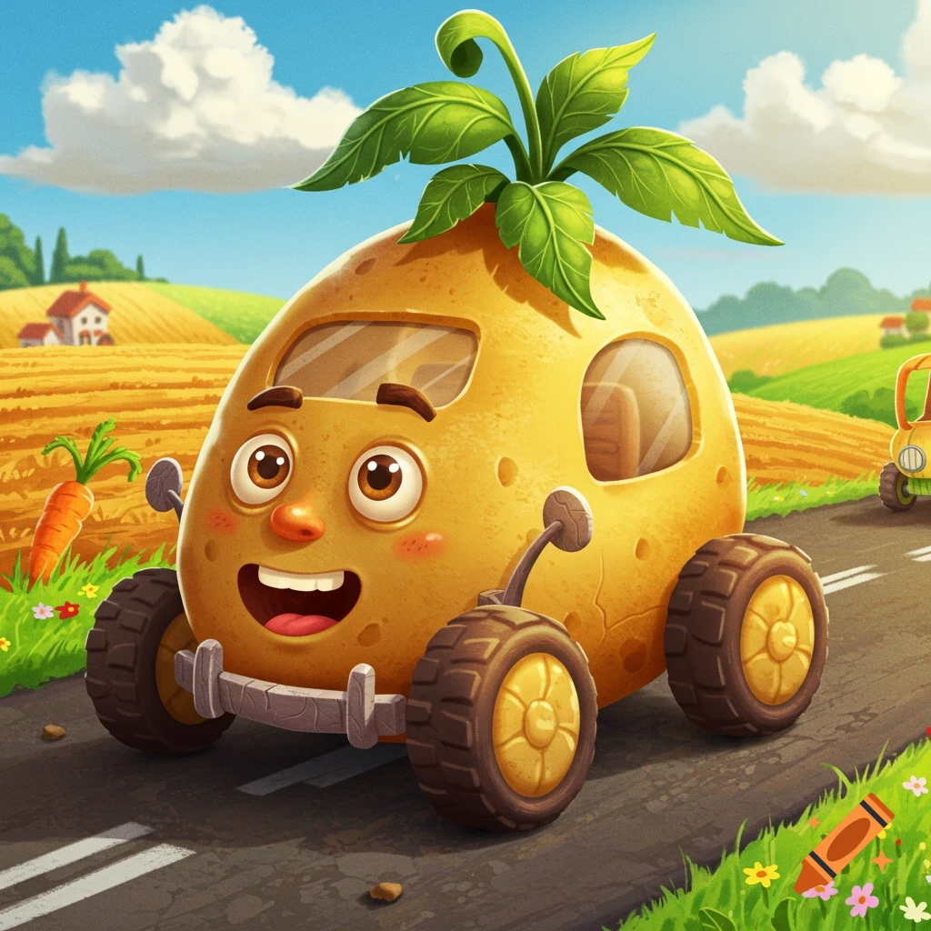 Cartoon potato car driving on a road through a field