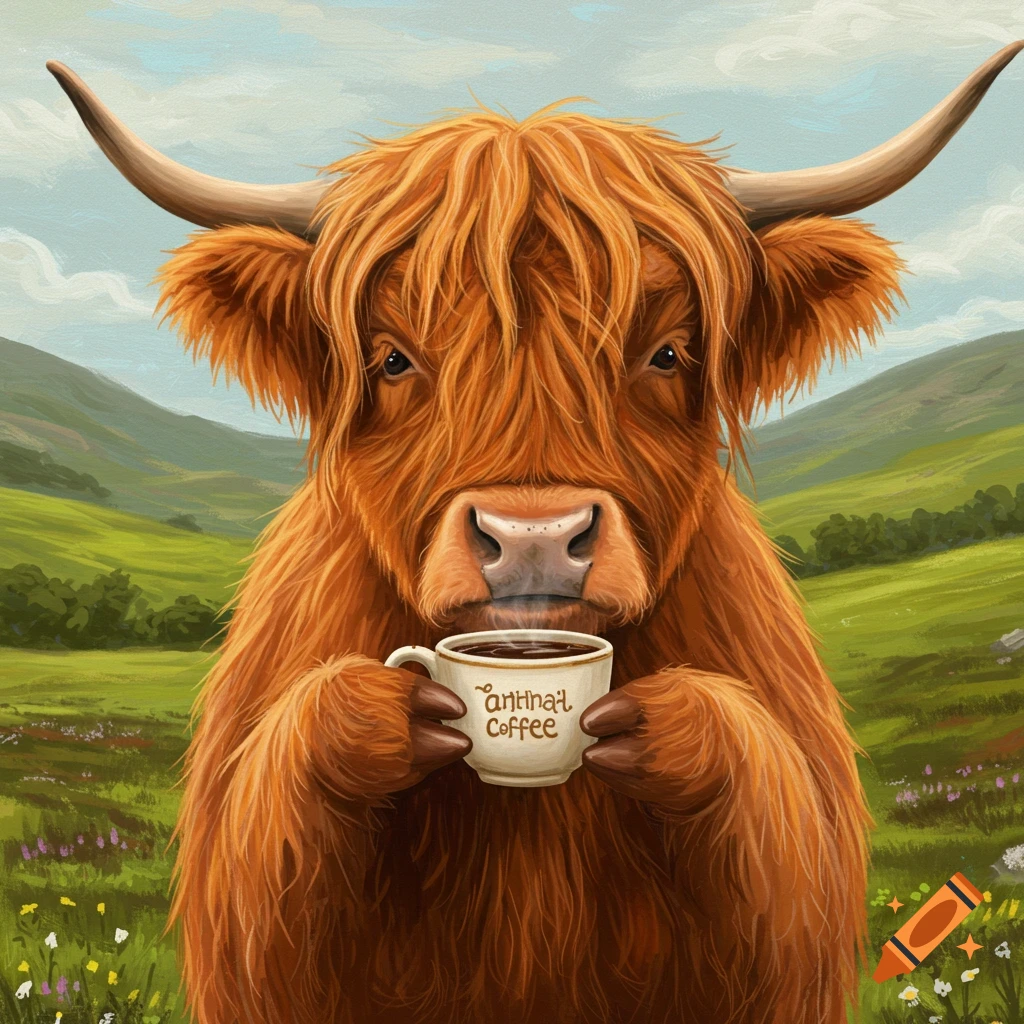 A Highland cow holding a coffee mug in a field.