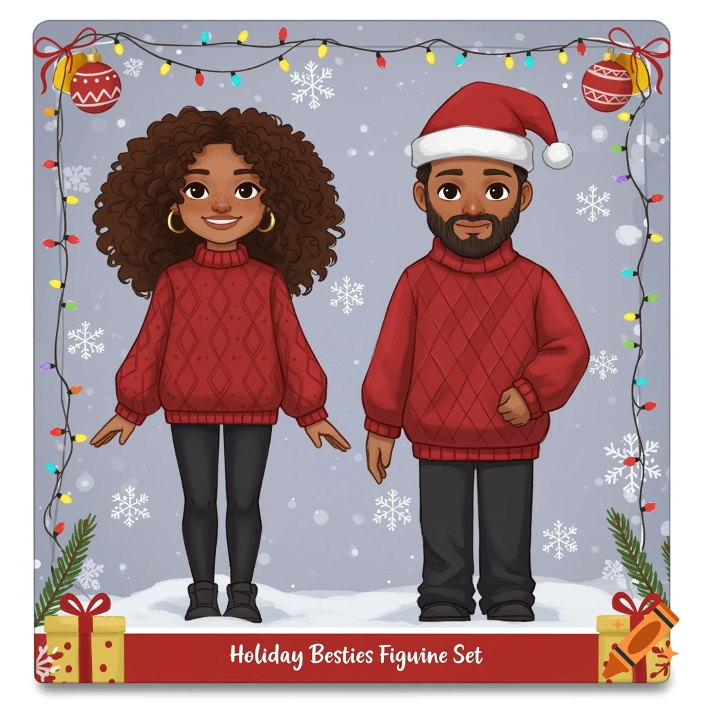 Cartoon couple in Christmas sweaters with holiday decorations and product label.