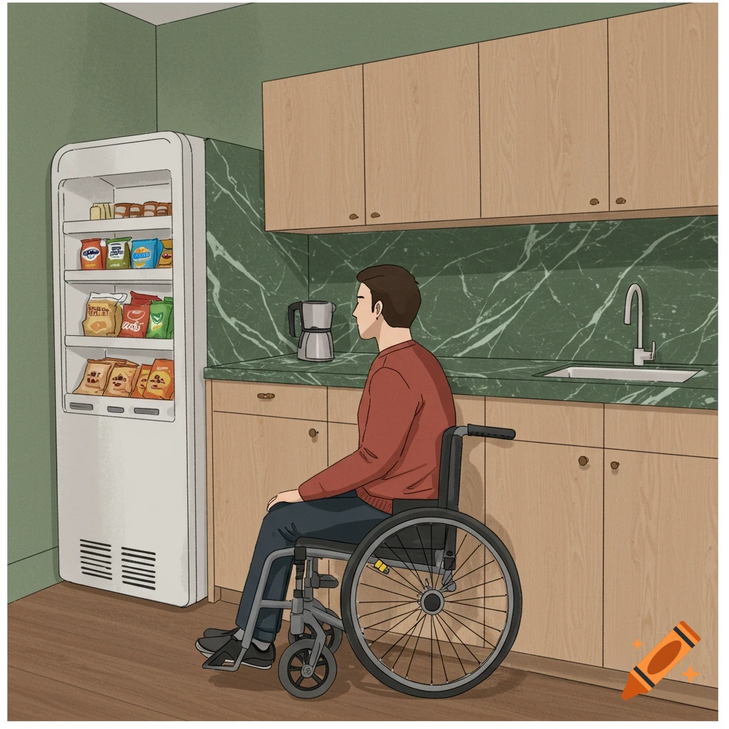 Painting of a person in a wheelchair in a kitchenette with a stocked mini fridge and green marble counter.