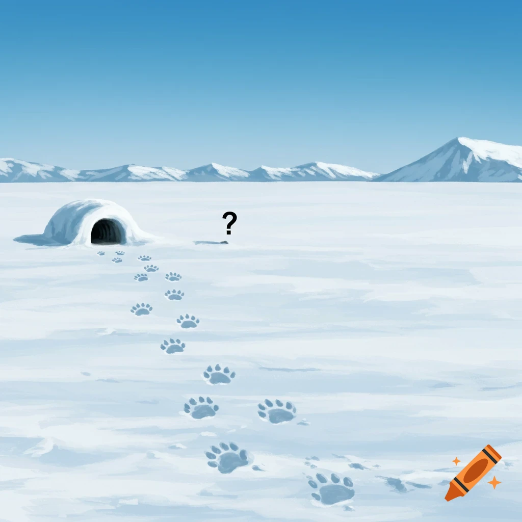 Illustration of polar bear tracks leading away from an igloo in an arctic landscape, with a question mark symbol above the tracks.