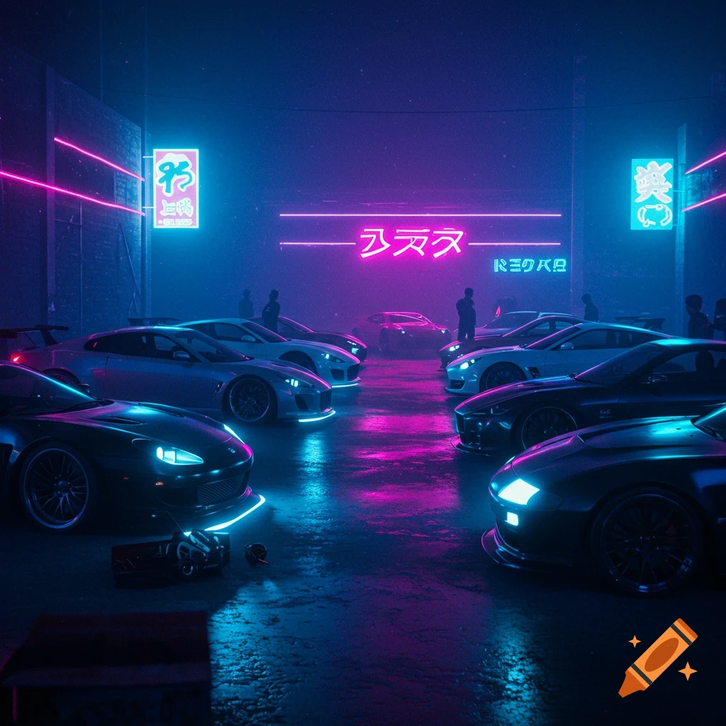 Sports cars gathered under neon signs in a dark, wet cyberpunk city street.