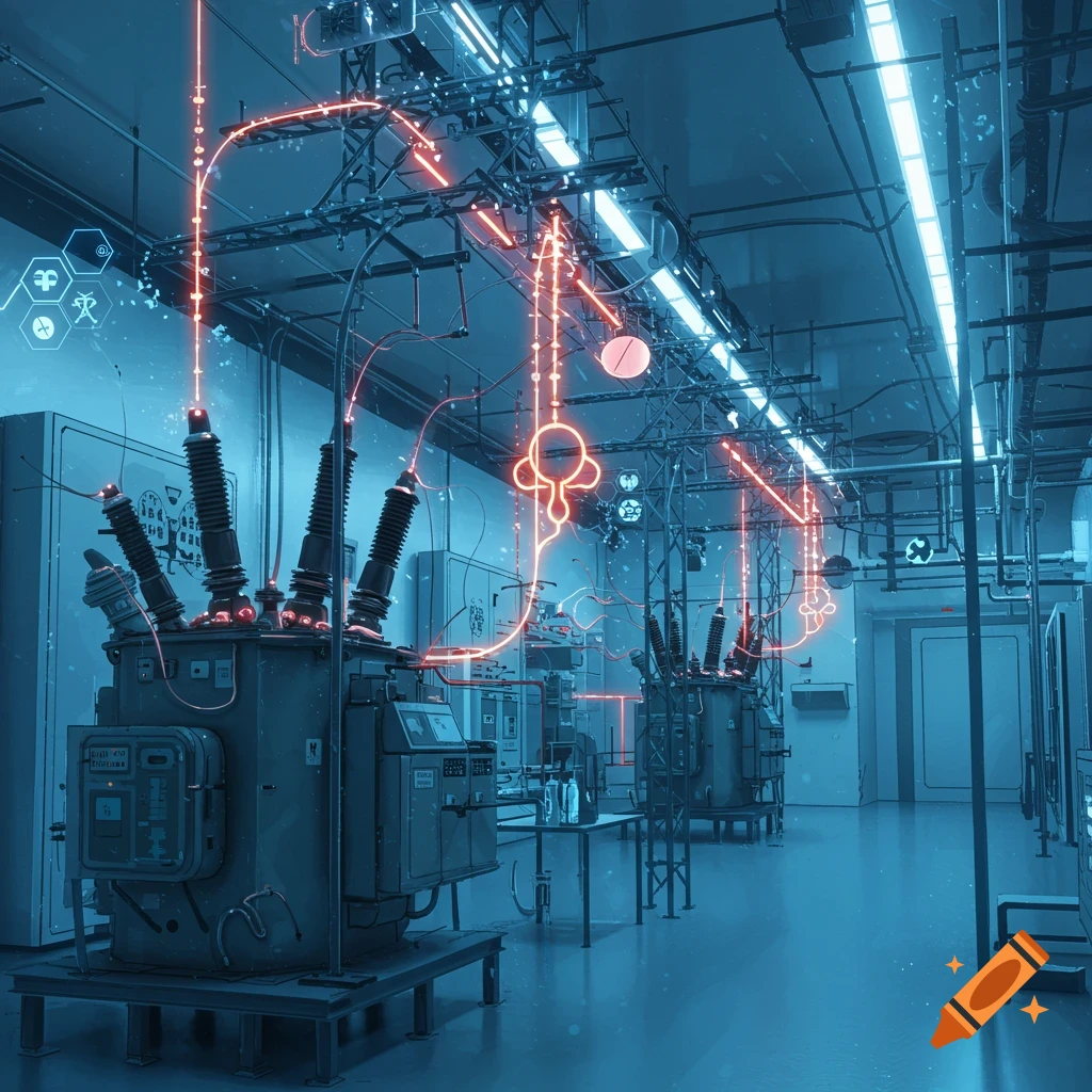 A futuristic power grid with glowing red energy lines and large equipment in a lab or hospital setting.
