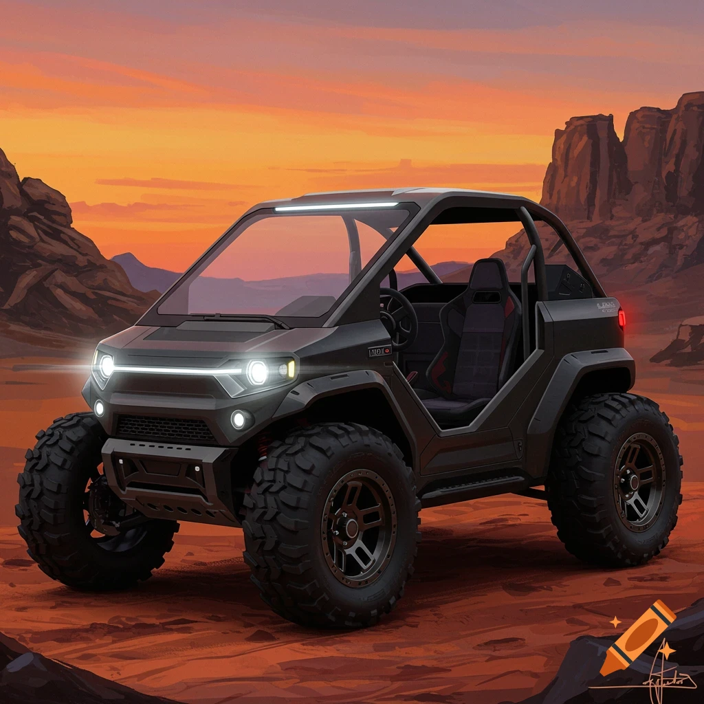 A small black electric all-terrain vehicle in a desert landscape at sunset.