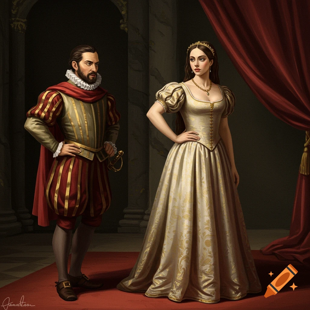 A man and woman in elaborate historical clothing standing in a hall.