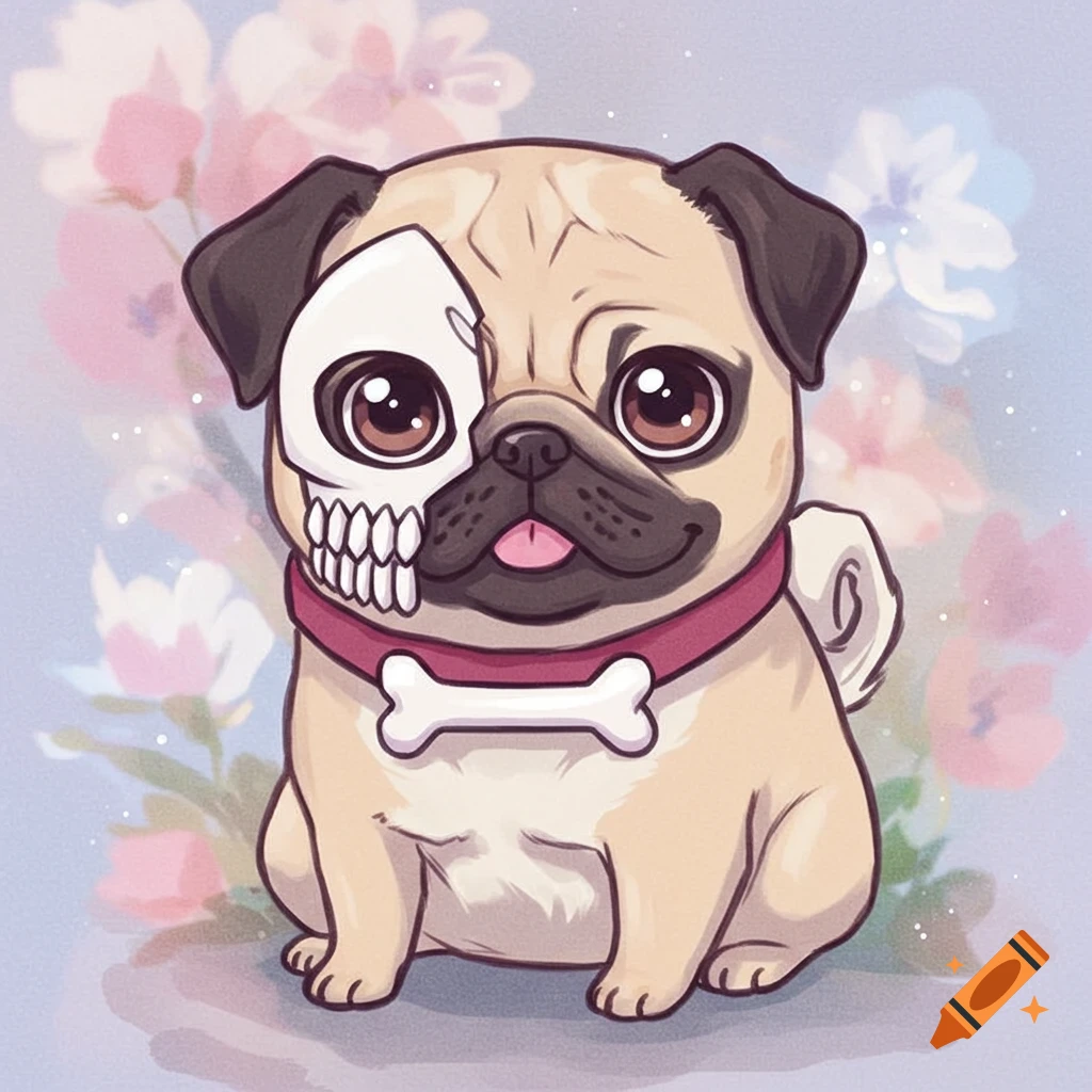 Cartoon drawing of a pug wearing a skull mask, sitting in front of flowers.