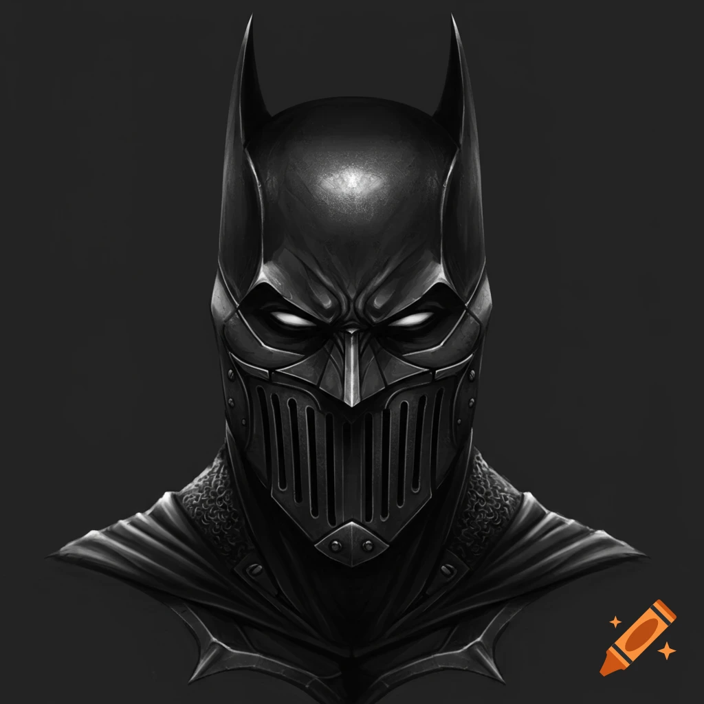 Batman's head in a helmet with a knight-style face shield, rendered in grayscale.