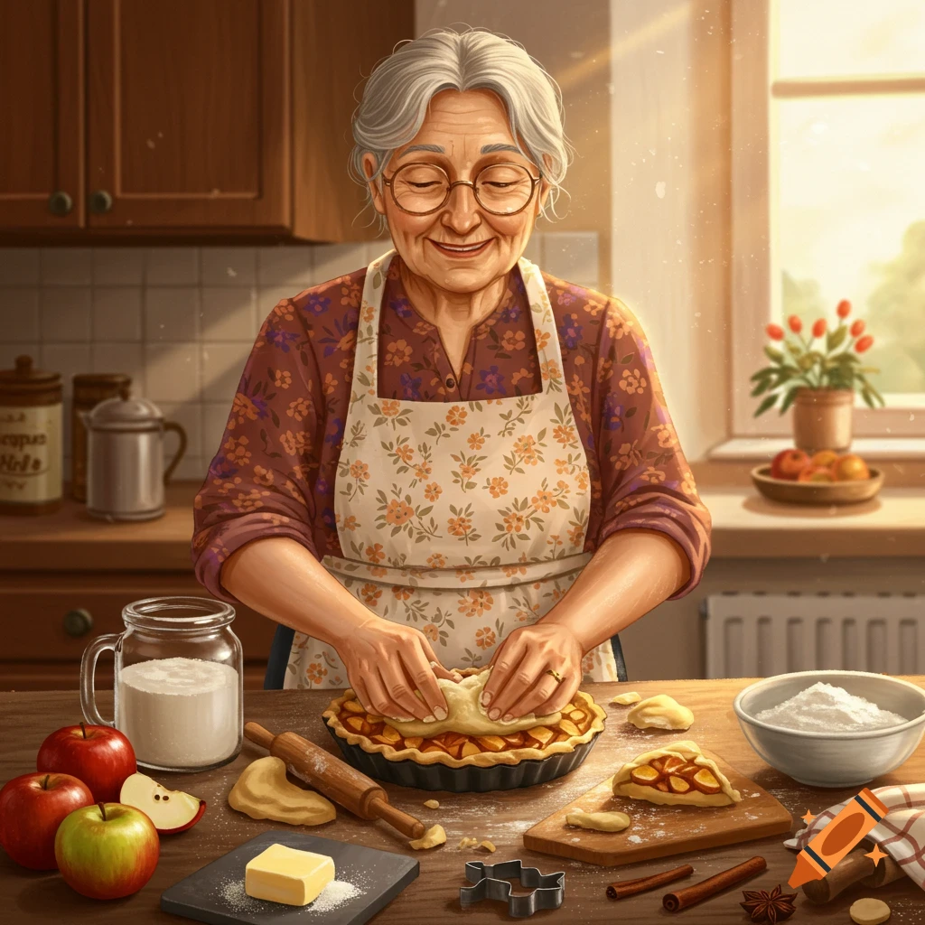 Smiling grandma baking an apple pie in a sunlit kitchen.