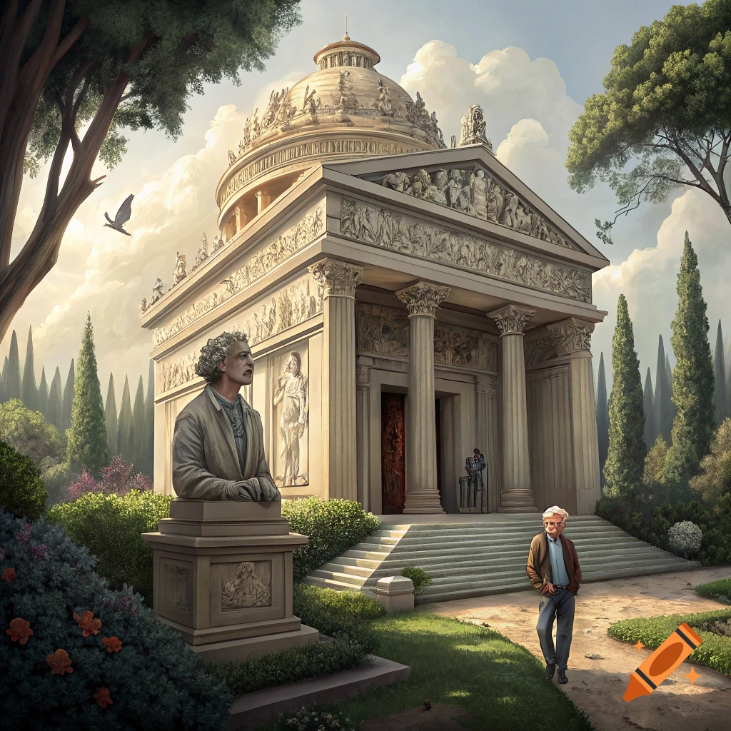 Classical temple with a statue, man on a path, and landscaped gardens.