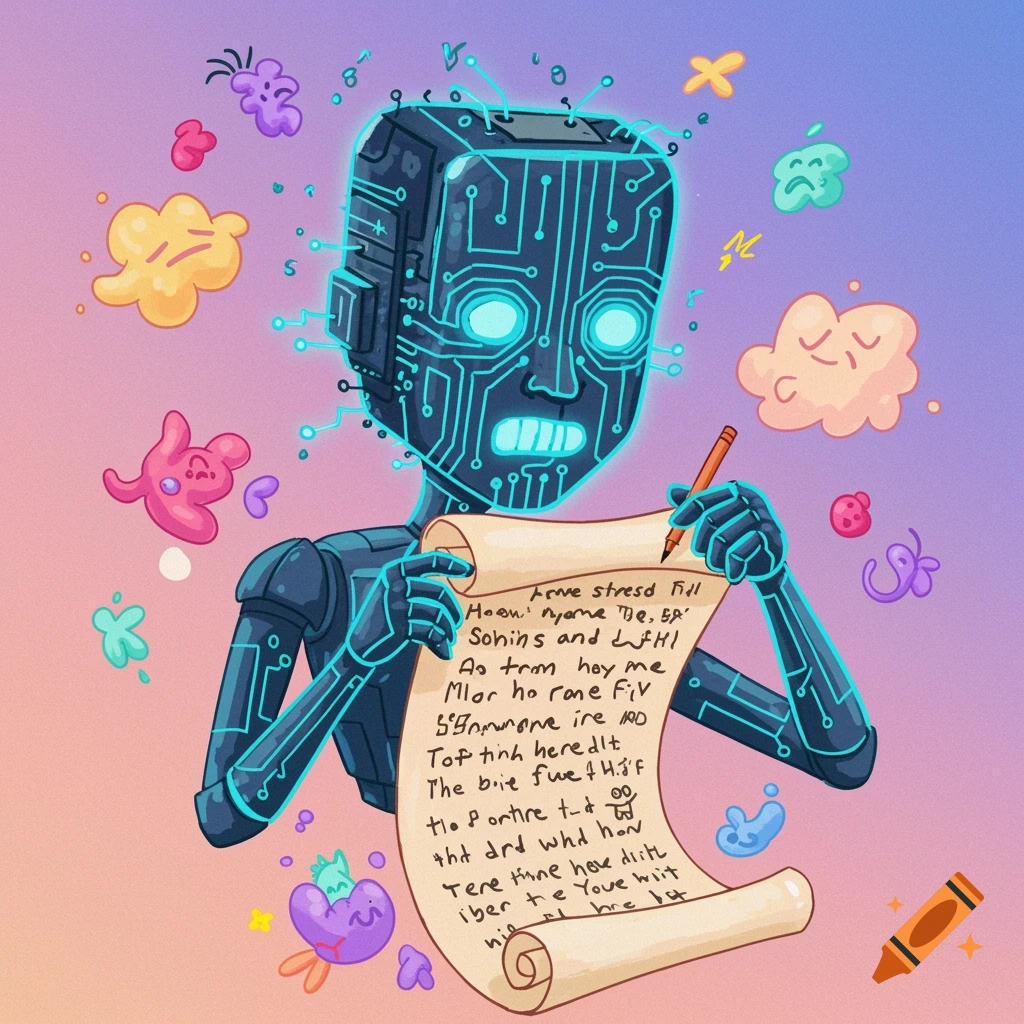 A blue circuit robot writes on a scroll, surrounded by colorful abstract shapes, in a whimsical setting.