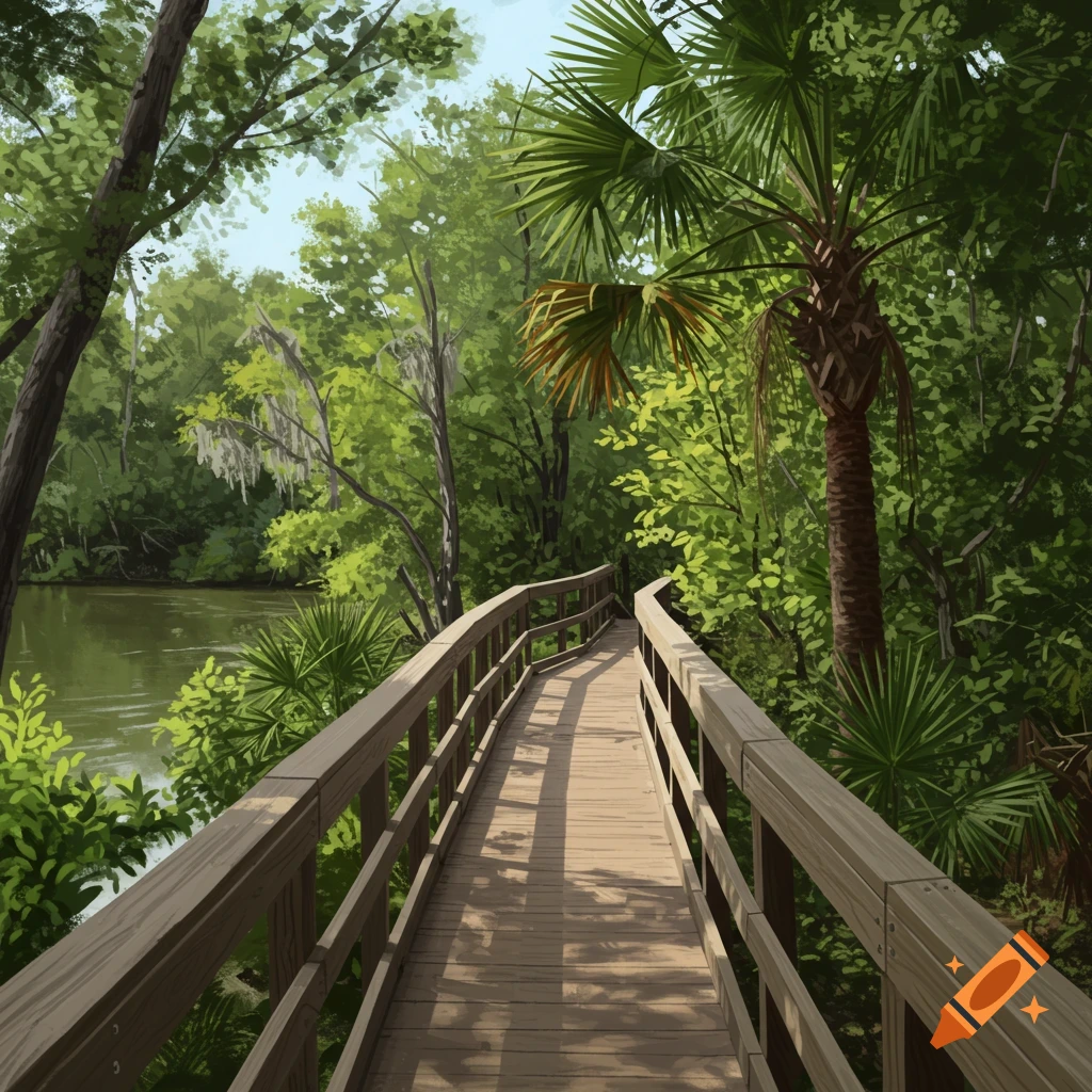 A wooden boardwalk winds through a sunny, lush green forest next to a lake with a palm tree on the right.