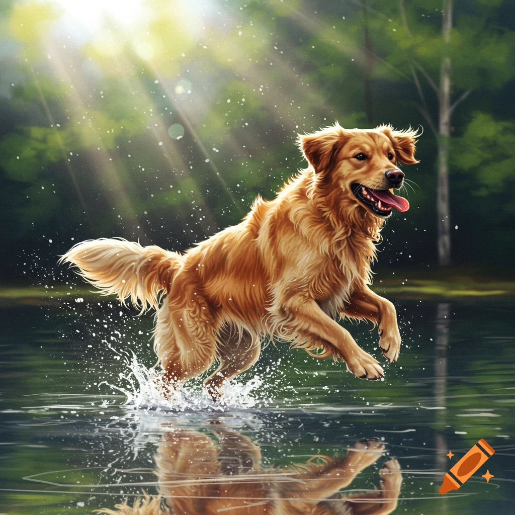 A golden retriever jumps through water, splashing.
