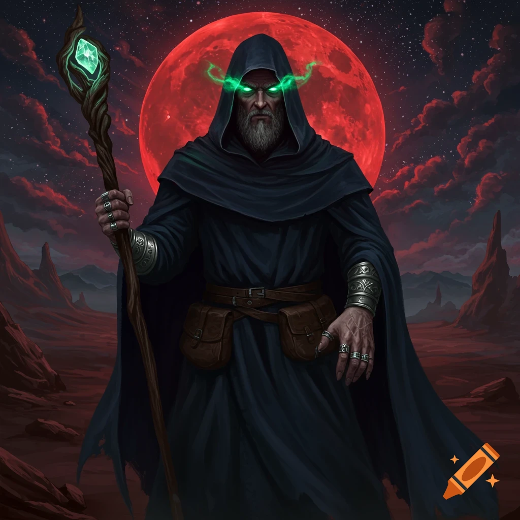 A hooded sorcerer holds a glowing staff under a large red moon in a dark fantasy landscape.