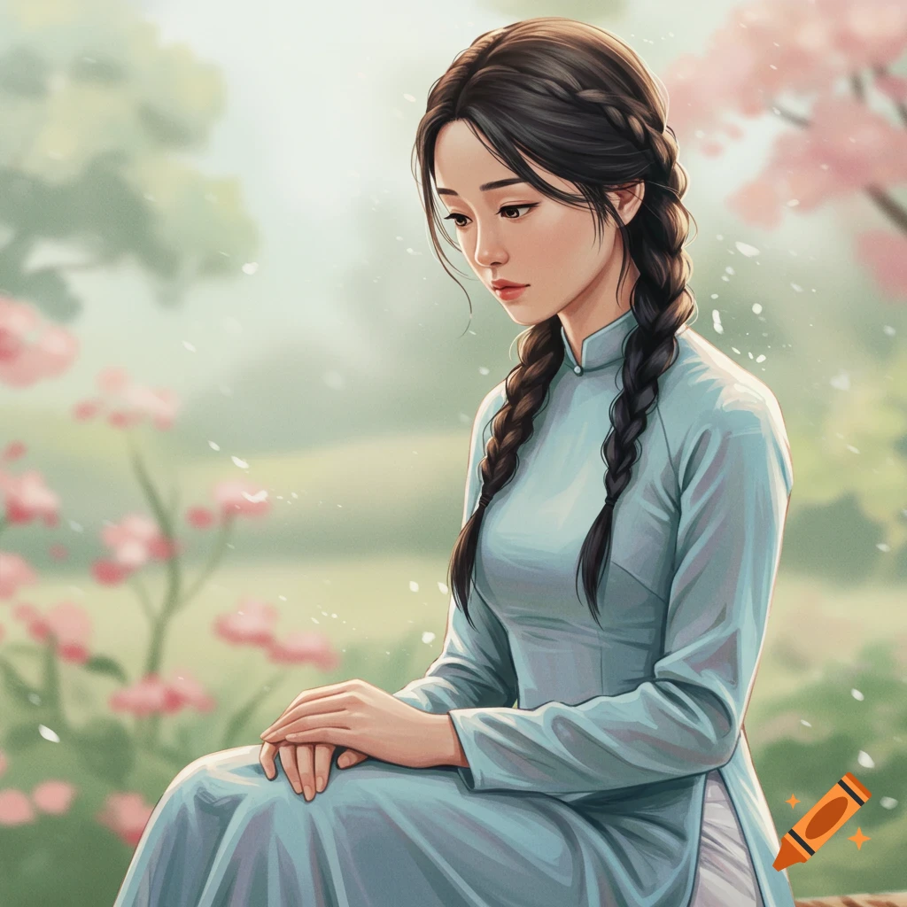 A young woman in a light blue ao dai sitting in a garden.