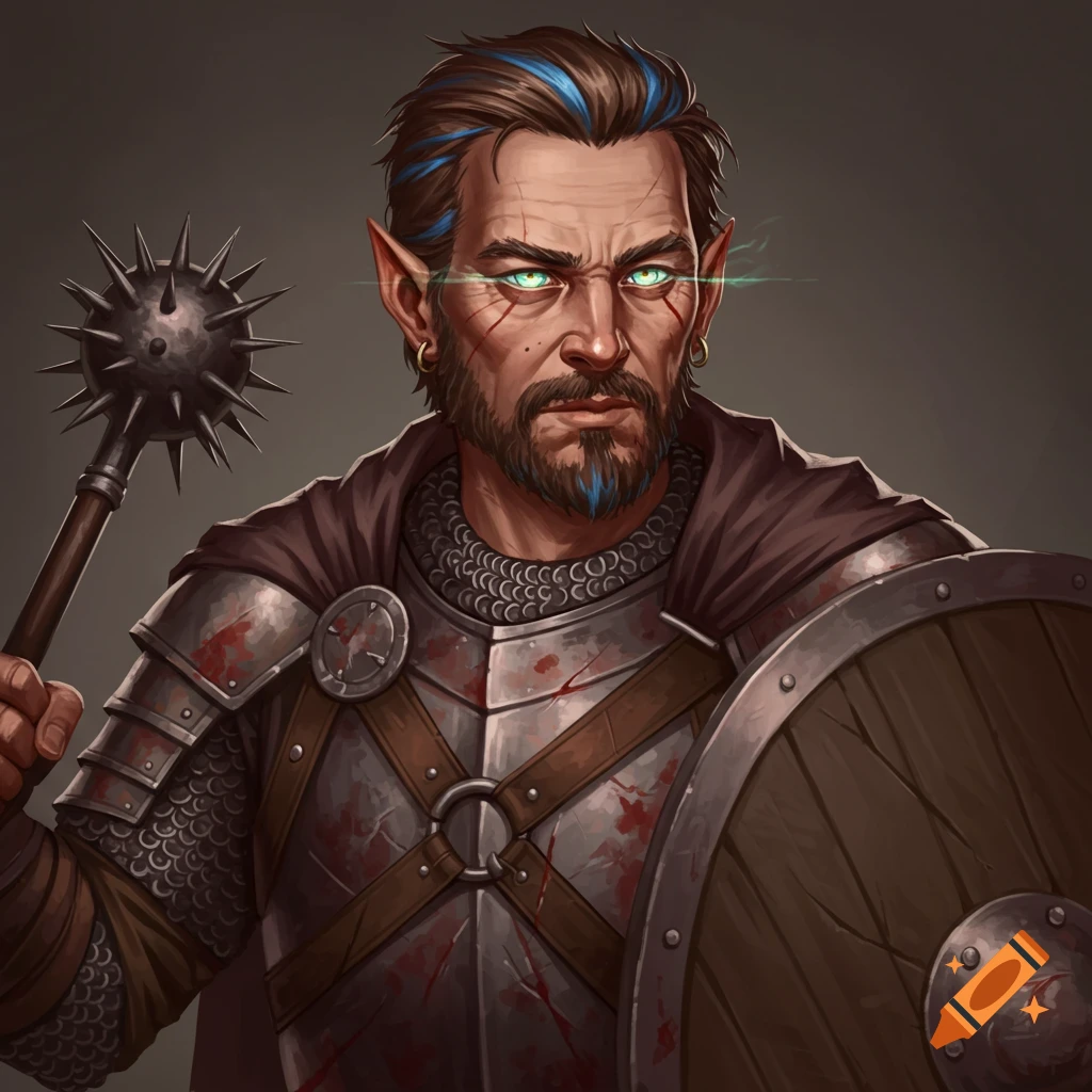 A male fantasy warrior in armor with a mace, shield, blue hair streaks, and glowing eyes.