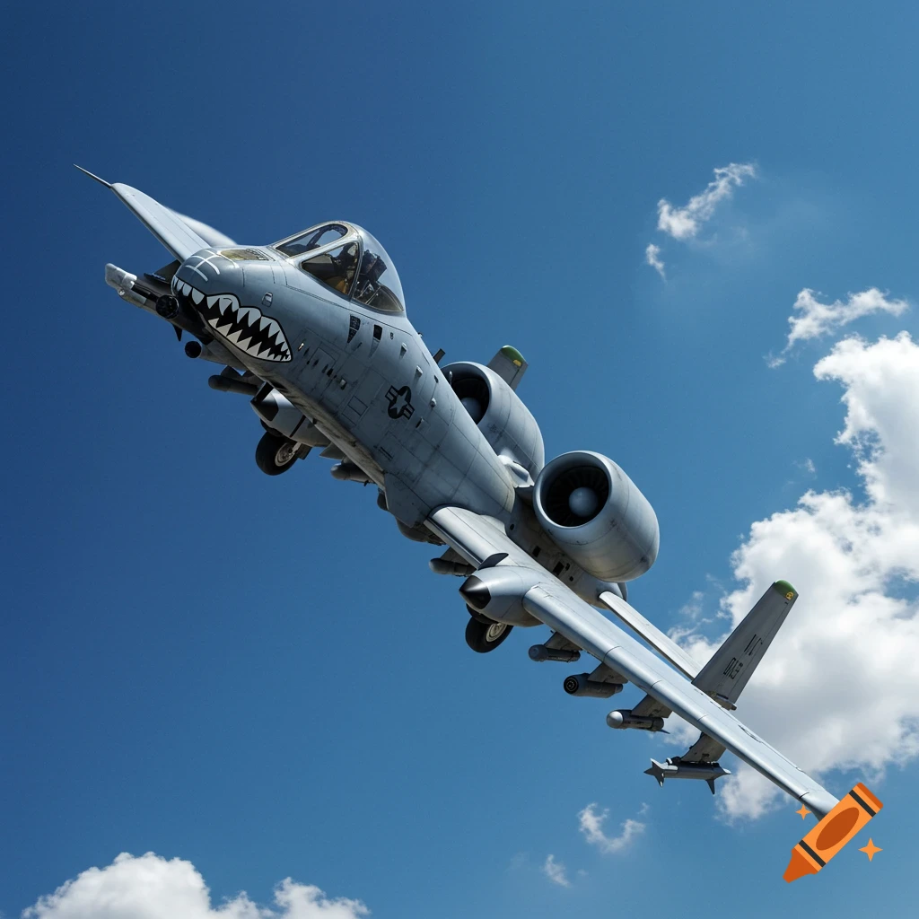 An A-10 Warthog military aircraft flies against a blue sky with clouds.
