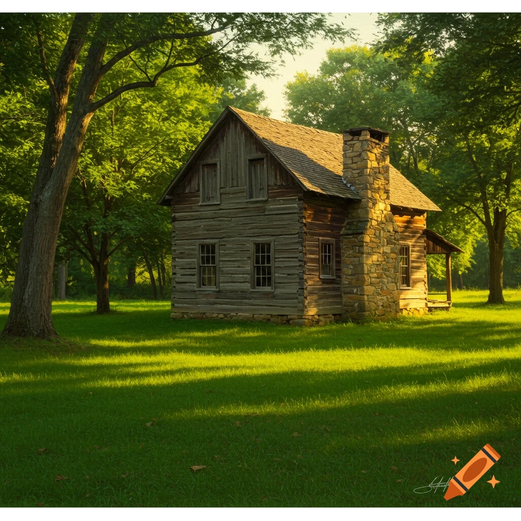A rustic log cabin sits in a sunny clearing surrounded by green trees in a painterly style.